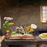 Hildegard-von-Bingen steht an einem Tisch auf dem Kräuter, Blumen, Heilpflanzen und ein Buch liegen.